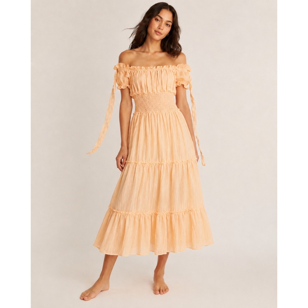 Midi Dress Women Size Small Peach Boho Smocked Off Shoulder Gauze‎ Tiered